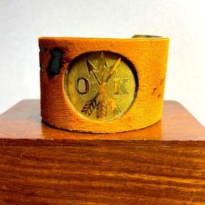 Rustic Cuff 1.5 inch Acid Wash Cow hide OK Arrow Engraved Cuff
